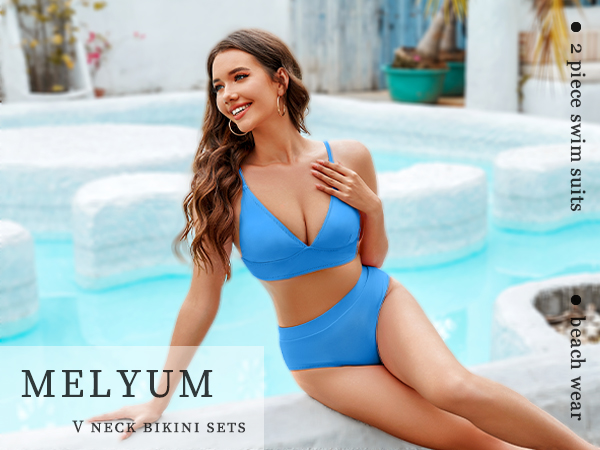high waisted rise v neck sexy 2 piece bikini set tummy control trendy longline woman women bikinis