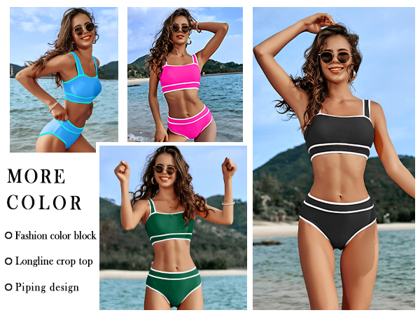 Various color block swim suit bandeau blue black green summer wear backless swimwear