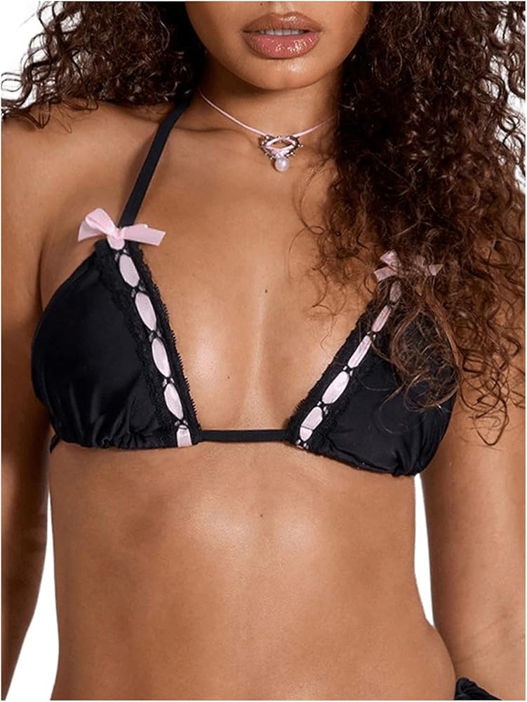 SOLY HUX Women's Halter Triangle Bikini Top Bow Tie Back Swimsuit Tops Bathing Suit