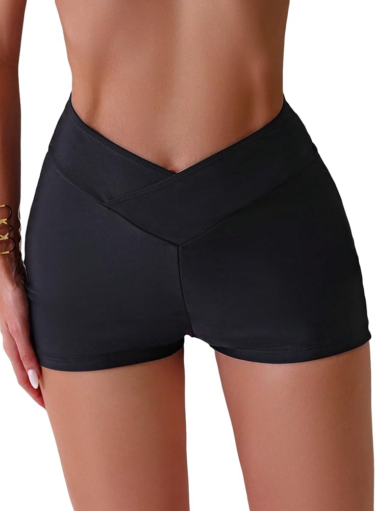 SweatyRocks Women's Solid High Waist Bikini Bottom Crossover High Cut Swimsuit Swim Shorts