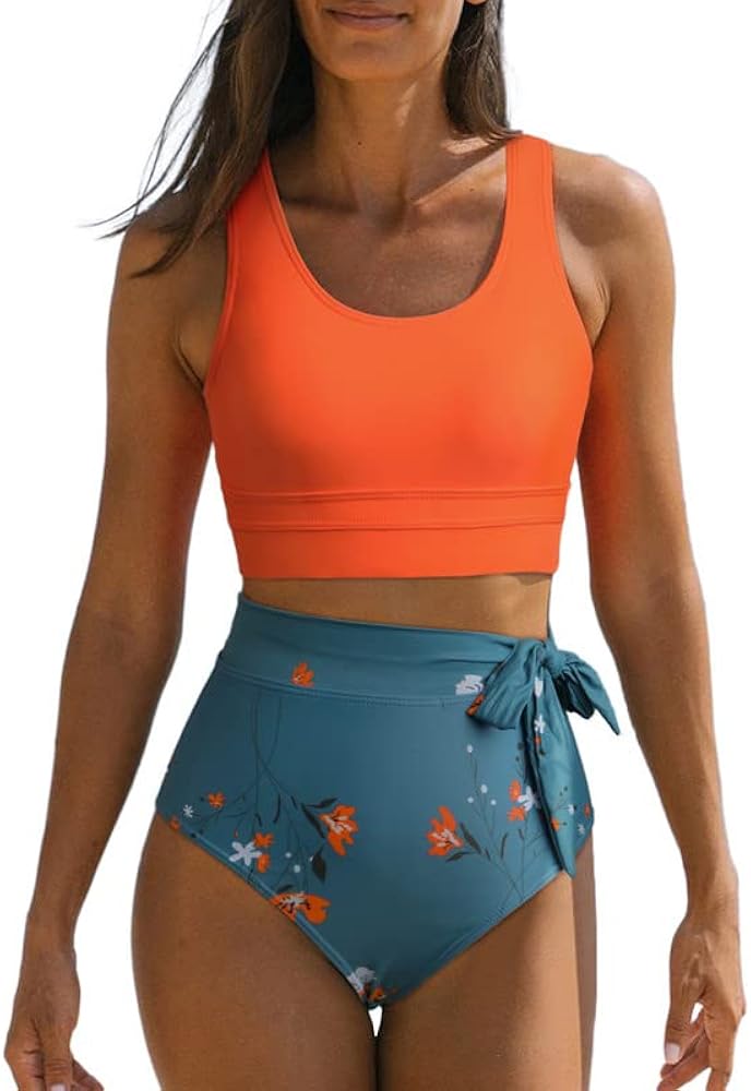 Dokotoo Womens Scoop Neck Racerback High Waisted Bikini Sets Two Piece Swimsuit Floral Print Tummy Control Bathing Suit