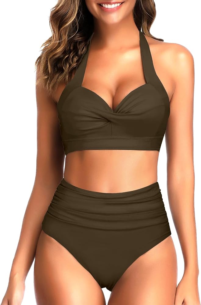 Tempt Me Women Two Piece Vintage Swimsuit Retro Halter Ruched High Waist Bikini with Bottom