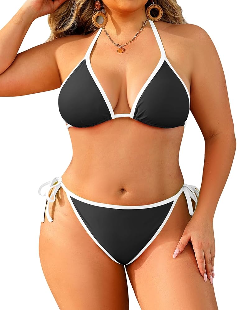 Tempt Me Women Plus Size Triangle Bikini Sets String Two Piece Halter Swimsuits with Tie Side Bottom