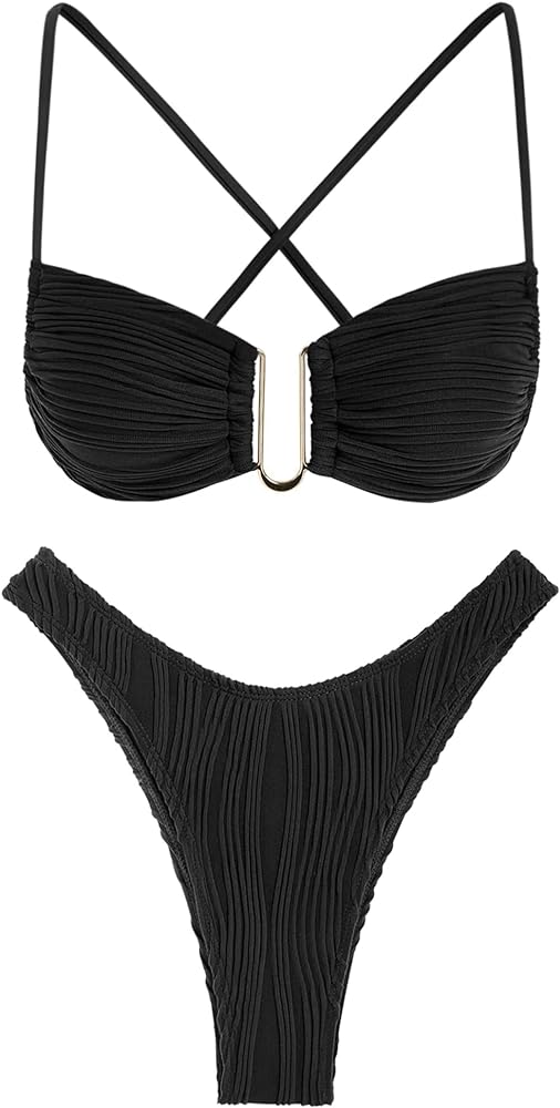 ZAFUL Women Bikini Sets Ribbed Texture U Metal Criss Cross High Cut Swimsuit Back Tie Bathing Suit with Cheeky Thong Bottoms