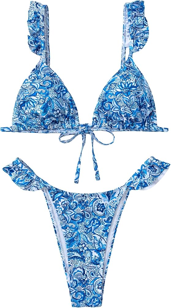 SHENHE Women's 2 Piece Ruffle Swimsuits Triangle Tie Back Paisley Print Thong Bikini Set