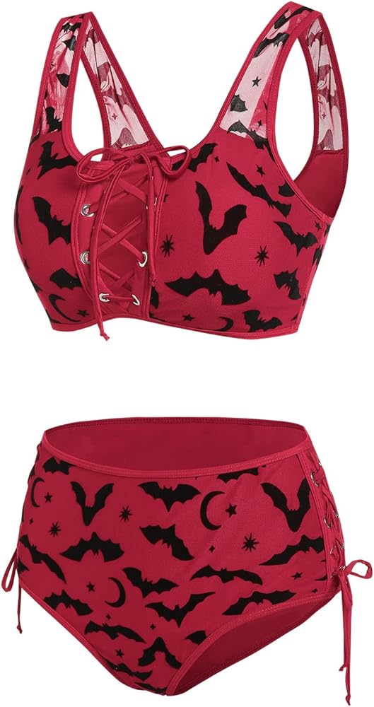 DRESSFO Women's High Waisted Bikini Sets Two Piece Padded Retro Vintage Tummy Control Swimsuit Gothic Bathing Suit