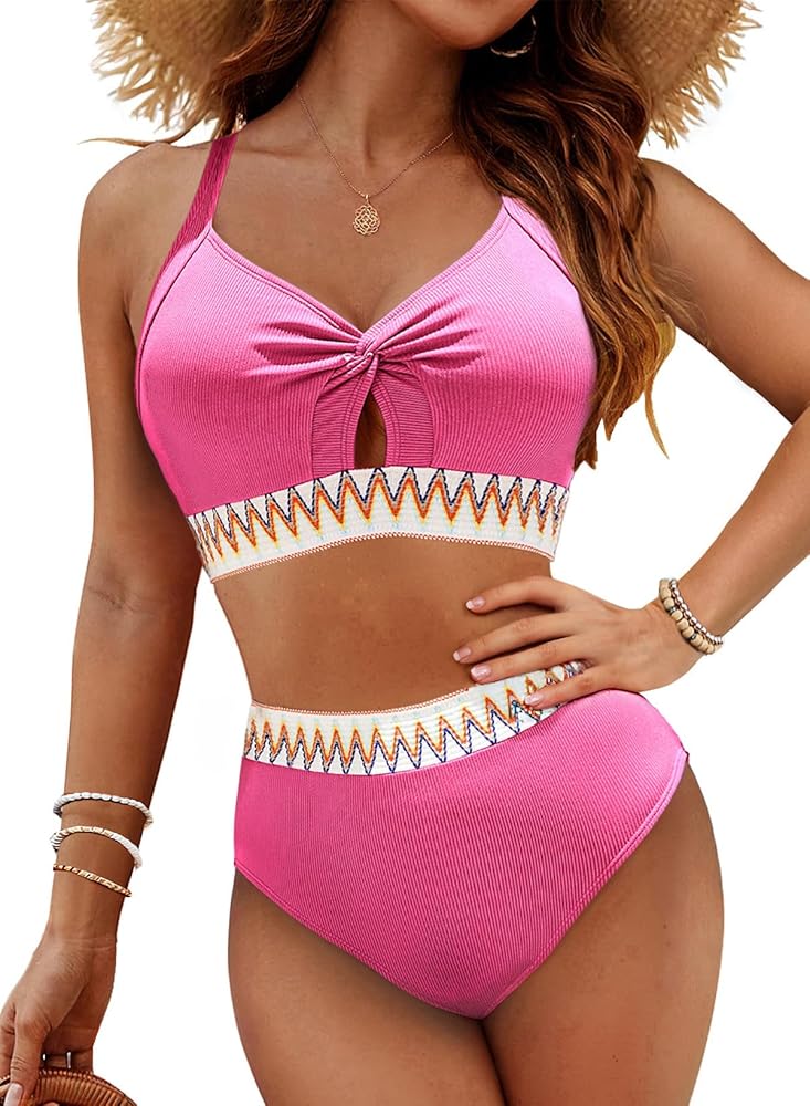Dokotoo Women Bikini Set Sexy High Waisted Twist Front Ribbed Two Piece Swimsuit Bathing Suit Swimwear