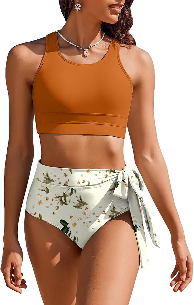 AI'MAGE Womens High Waisted Bikini Set Tummy Control 2 Piece Bathing Suit Modest Racerback Swimsuit 2024 with Tie Side Knot
