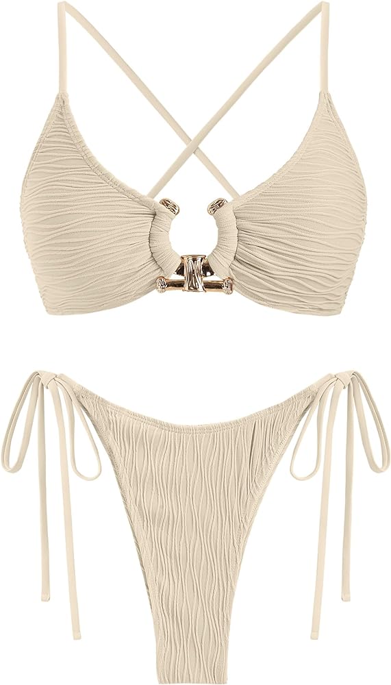 ZAFUL Womens Two Piece Bikini Sets Triangle High Cut Thong Bathing Suit 2 Piece Swimsuits Metal O Ring Light Coffee XS